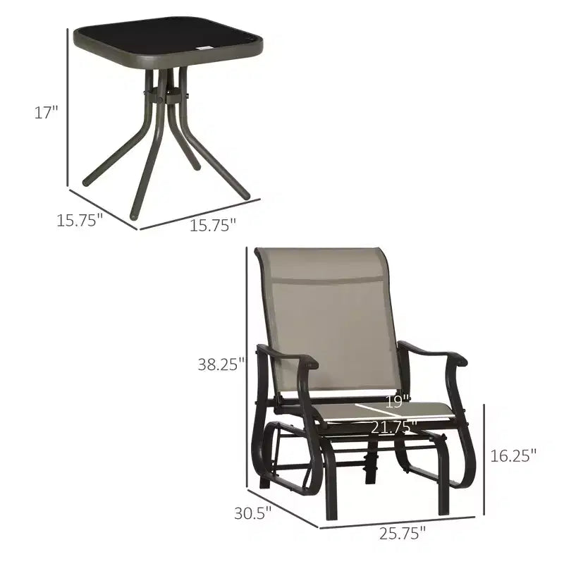 3-Piece Outdoor Gliders Set Bistro Set with Steel Frame, Tempered Glass Top Table for Patio, Garden, Lawn