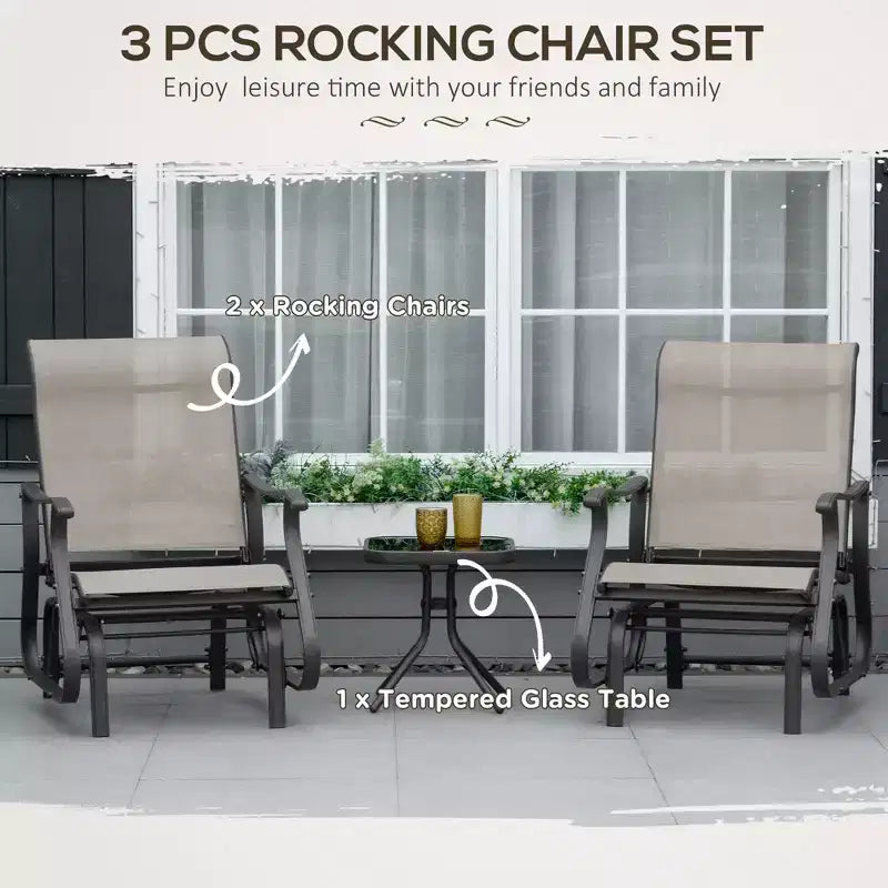 3-Piece Outdoor Gliders Set Bistro Set with Steel Frame, Tempered Glass Top Table for Patio, Garden, Lawn