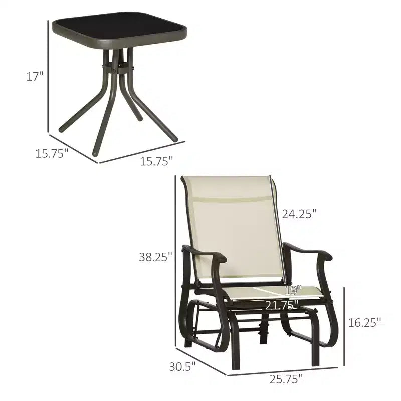 3-Piece Outdoor Gliders Set Bistro Set with Steel Frame, Tempered Glass Top Table for Patio, Garden, Lawn