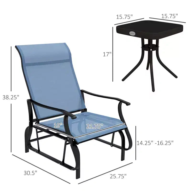 3-Piece Outdoor Gliders Set Bistro Set with Steel Frame, Tempered Glass Top Table for Patio, Garden, Lawn