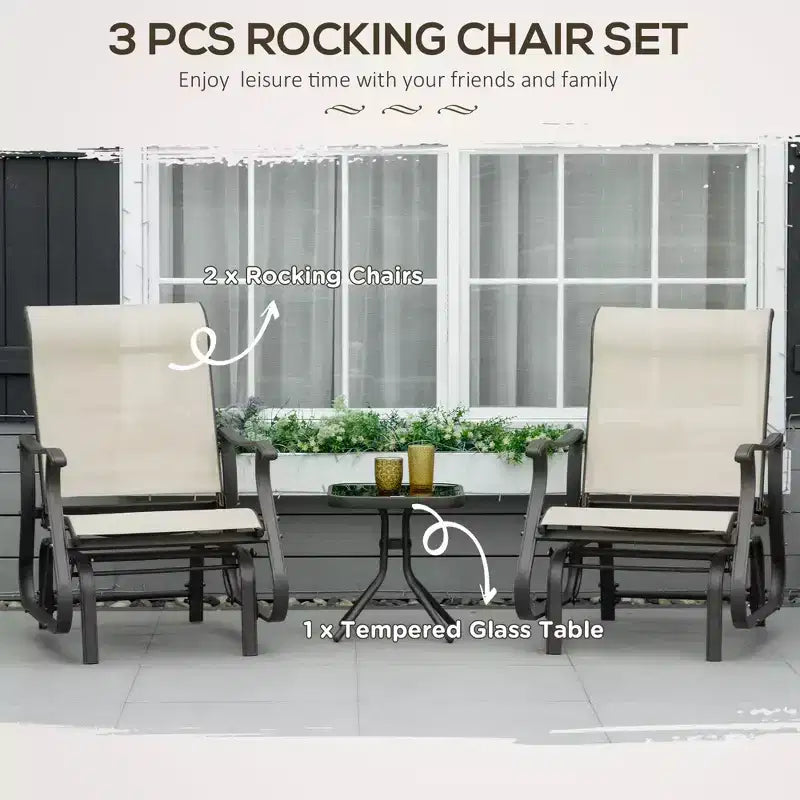 3-Piece Outdoor Gliders Set Bistro Set with Steel Frame, Tempered Glass Top Table for Patio, Garden, Lawn