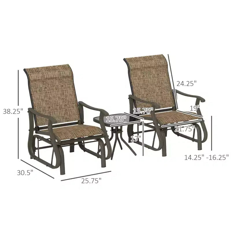 3-Piece Outdoor Gliders Set Bistro Set with Steel Frame, Tempered Glass Top Table for Patio, Garden, Lawn