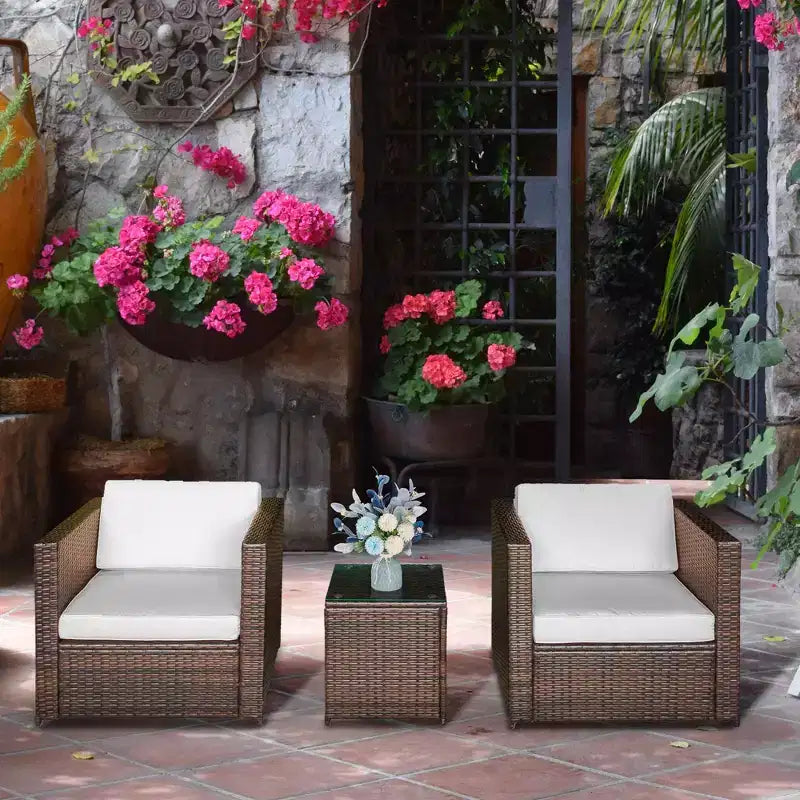 Wicker Bistro Patio Set, 2 Porch Chairs & Glass Table
