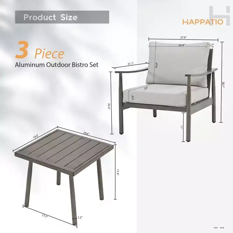 HAPPATIO Patio Bistro Set Outdoor - 3 Pieces Patio Aluminum Conversation Set, 2 Chairs with Backrest Rope Design and Side Table for Garden, Pool.