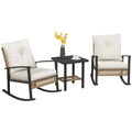 3 Pieces Bistro Set, Patio Wicker Furniture Set with Button Tufted Cushions, Rattan Rocking Chairs Table