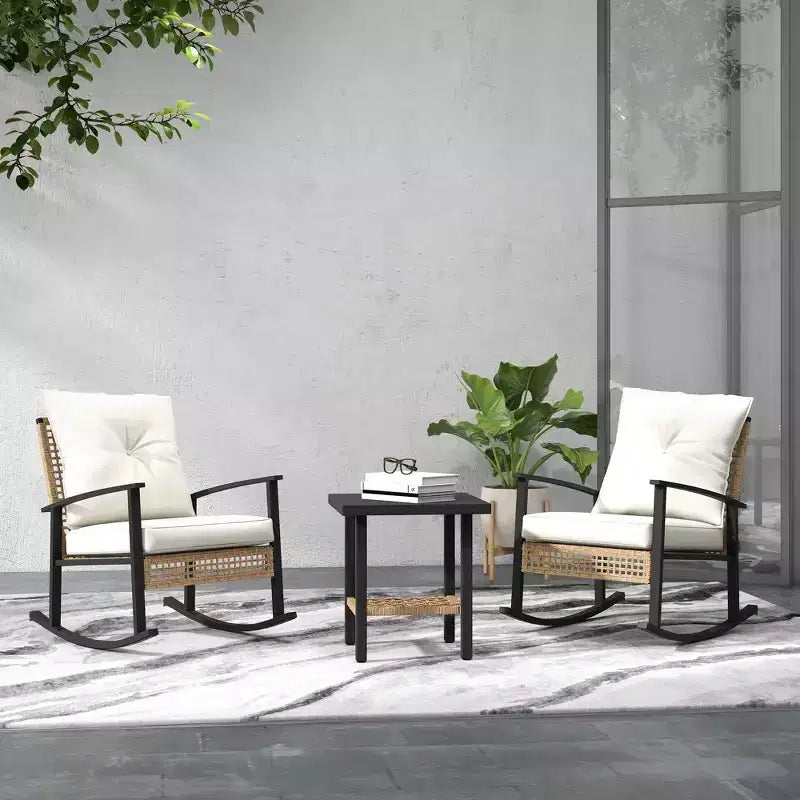 3 Pieces Bistro Set, Patio Wicker Furniture Set with Button Tufted Cushions, Rattan Rocking Chairs Table