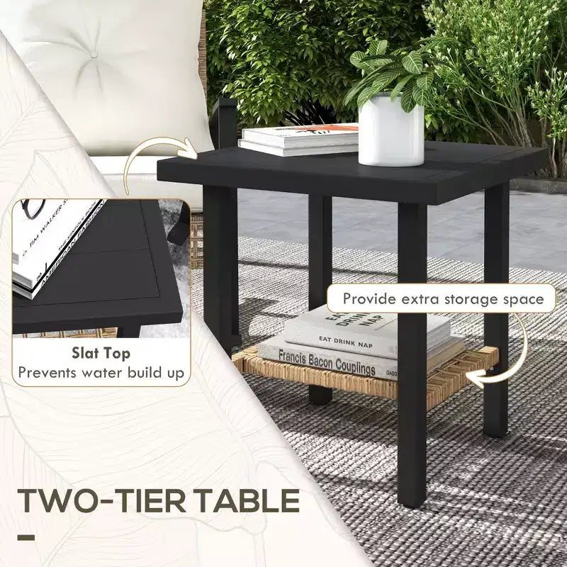 3 Pieces Bistro Set, Patio Wicker Furniture Set with Button Tufted Cushions, Rattan Rocking Chairs Table