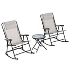 3 Piece Outdoor Rocking Chair Set, Patio Folding Lawn Rocker Set with Glass Coffee Table, Headrests for Yard, Patio, Deck
