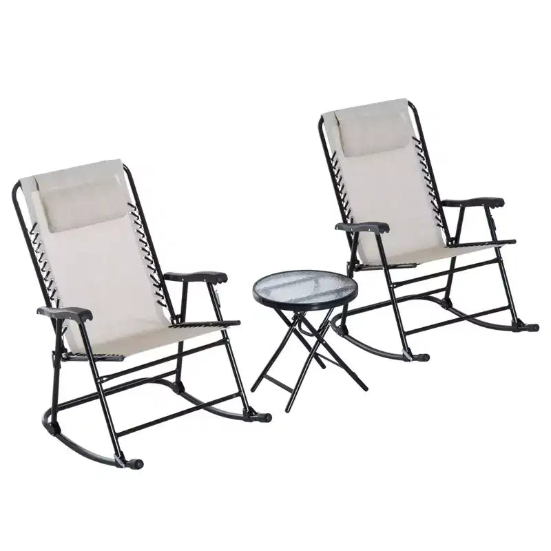 3 Piece Outdoor Rocking Chair Set, Patio Folding Lawn Rocker Set with Glass Coffee Table, Headrests for Yard, Patio, Deck