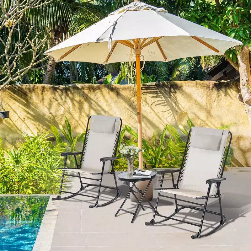 3 Piece Outdoor Rocking Chair Set, Patio Folding Lawn Rocker Set with Glass Coffee Table, Headrests for Yard, Patio, Deck