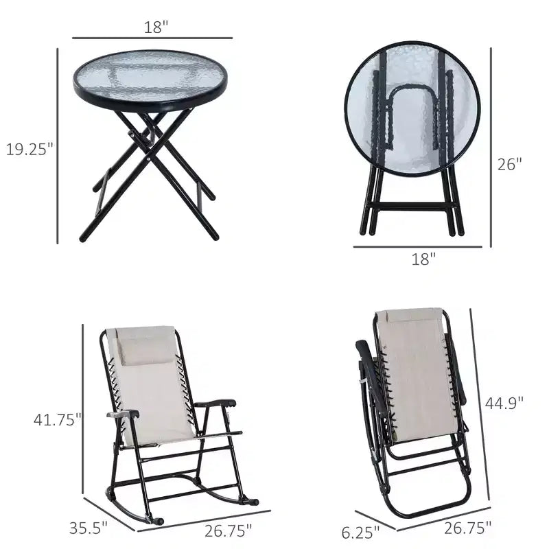 3 Piece Outdoor Rocking Chair Set, Patio Folding Lawn Rocker Set with Glass Coffee Table, Headrests for Yard, Patio, Deck