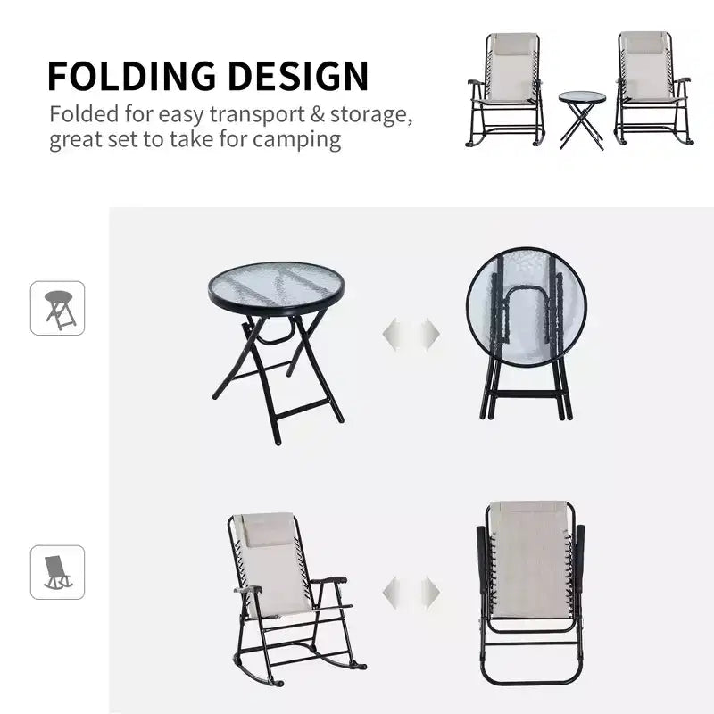 3 Piece Outdoor Rocking Chair Set, Patio Folding Lawn Rocker Set with Glass Coffee Table, Headrests for Yard, Patio, Deck