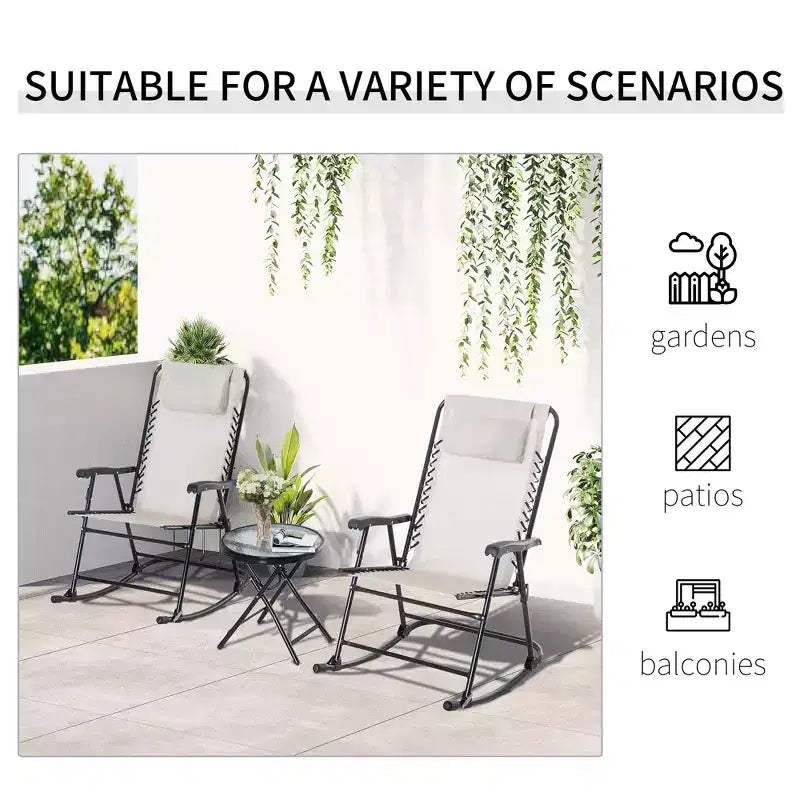3 Piece Outdoor Rocking Chair Set, Patio Folding Lawn Rocker Set with Glass Coffee Table, Headrests for Yard, Patio, Deck