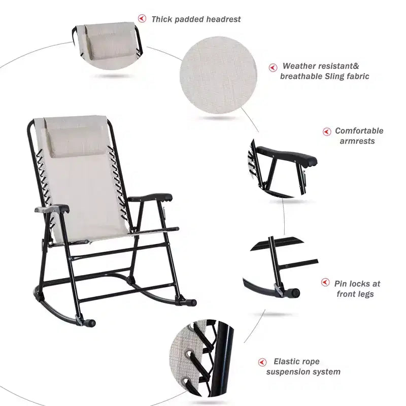 3 Piece Outdoor Rocking Chair Set, Patio Folding Lawn Rocker Set with Glass Coffee Table, Headrests for Yard, Patio, Deck