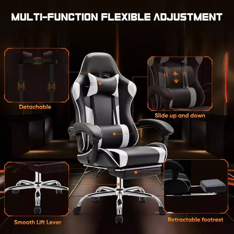 MAYEERTY Gaming Chair Video Game Desk Chair Ergonomic Computer with Footrest Comfy Lumbar Support PU Leather Recliner with Headrest Fixed Up Armrest