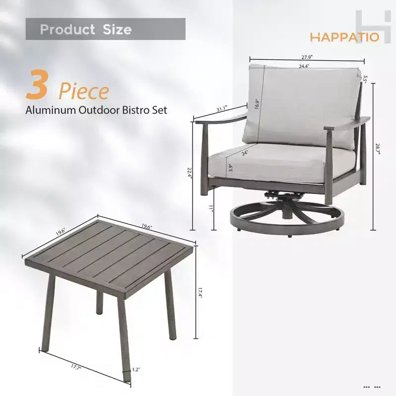HAPPATIO Patio Bistro Set Outdoor,3 Pieces Patio Aluminum Conversation Set, Swivel Chairs and Side Table for Garden Pool Lawn