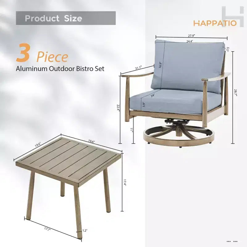 HAPPATIO Patio Bistro Set Outdoor,3 Pieces Patio Aluminum Conversation Set, Swivel Chairs and Side Table for Garden Pool Lawn