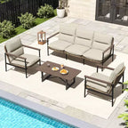 HAPPATIO Outdoor Furniture Set, Patio Aluminum Conversation Set with Wicker Seat and Acacia Wood Armrest, Thick Olefin Cushion