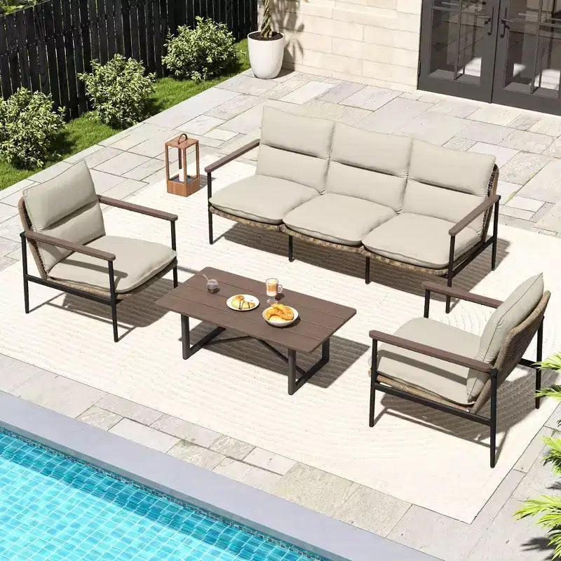 HAPPATIO Outdoor Furniture Set, Patio Aluminum Conversation Set with Wicker Seat and Acacia Wood Armrest, Thick Olefin Cushion