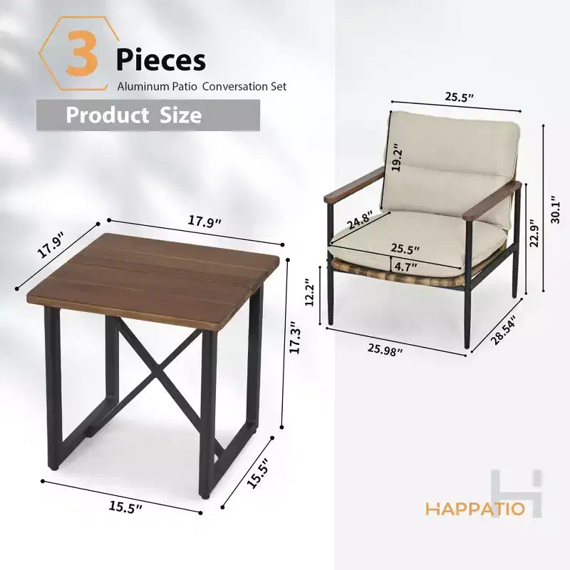 HAPPATIO Outdoor Furniture Set, Patio Aluminum Conversation Set with Wicker Seat and Acacia Wood Armrest, Thick Olefin Cushion