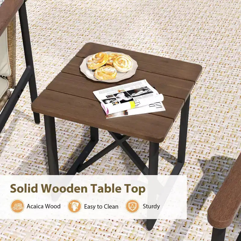 HAPPATIO Outdoor Furniture Set, Patio Aluminum Conversation Set with Wicker Seat and Acacia Wood Armrest, Thick Olefin Cushion