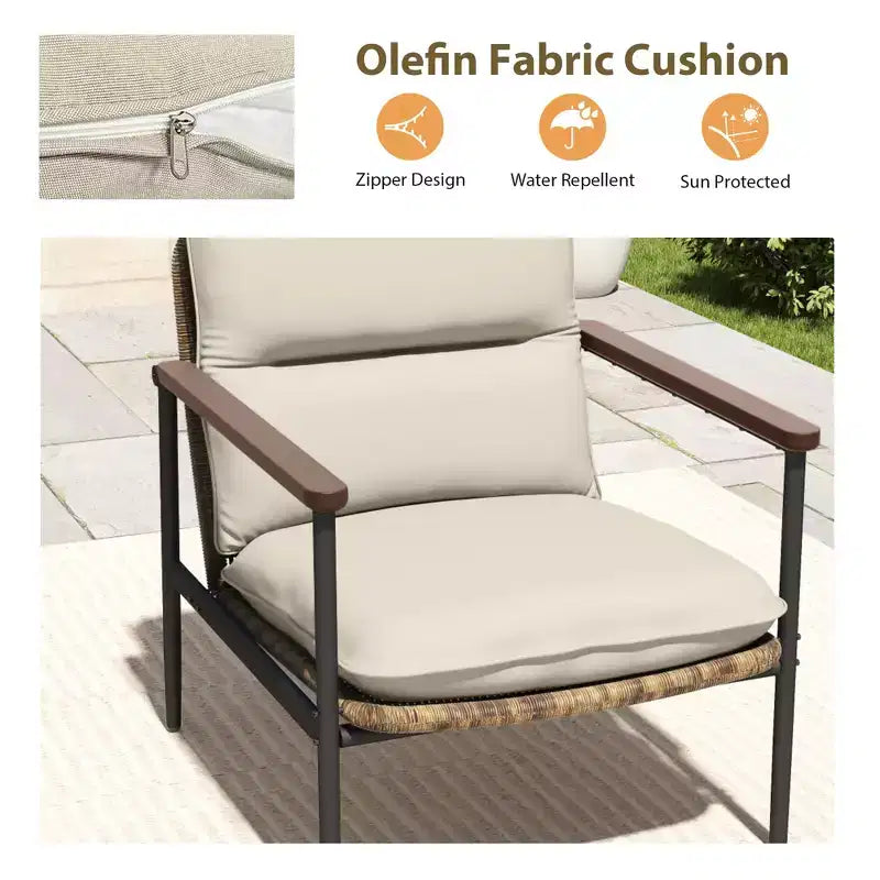 HAPPATIO Outdoor Furniture Set, Patio Aluminum Conversation Set with Wicker Seat and Acacia Wood Armrest, Thick Olefin Cushion