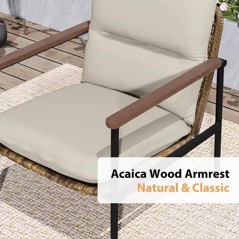 HAPPATIO Outdoor Furniture Set, Patio Aluminum Conversation Set with Wicker Seat and Acacia Wood Armrest, Thick Olefin Cushion