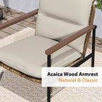 HAPPATIO Outdoor Furniture Set, Patio Aluminum Conversation Set with Wicker Seat and Acacia Wood Armrest, Thick Olefin Cushion