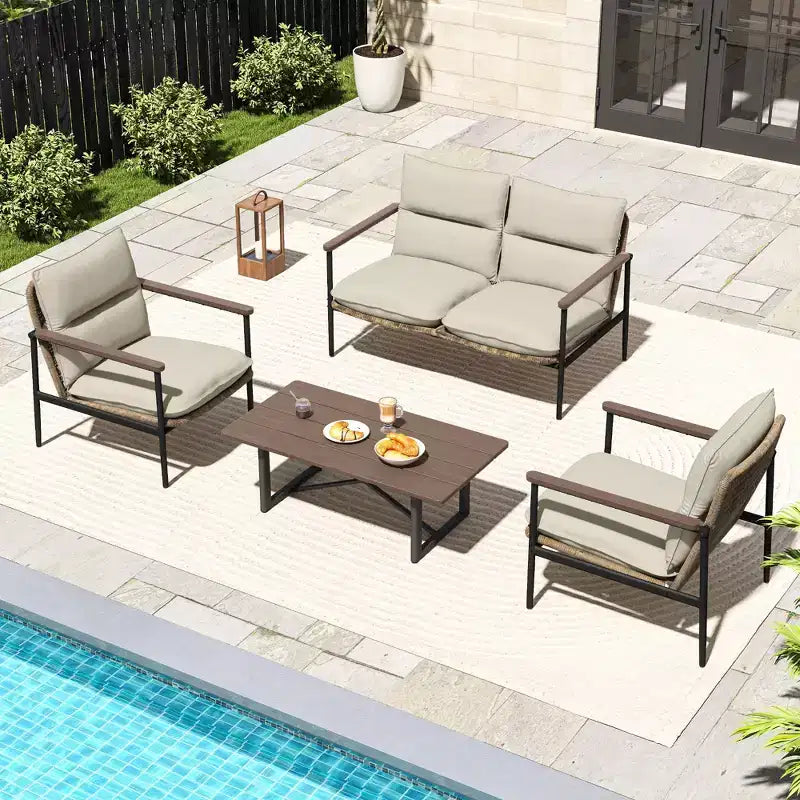 HAPPATIO Outdoor Furniture Set, Patio Aluminum Conversation Set with Wicker Seat and Acacia Wood Armrest, Thick Olefin Cushion