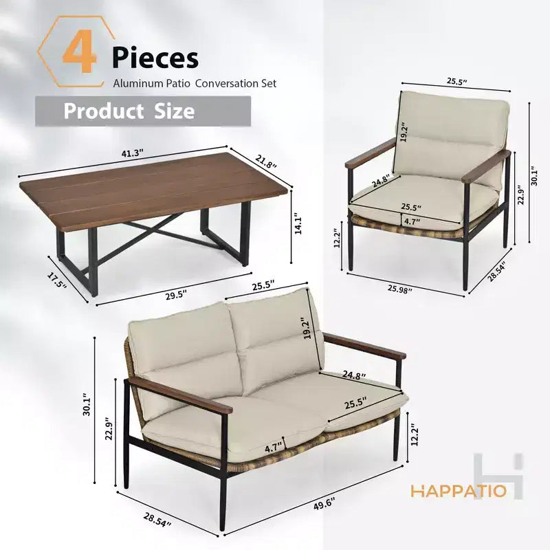 HAPPATIO Outdoor Furniture Set, Patio Aluminum Conversation Set with Wicker Seat and Acacia Wood Armrest, Thick Olefin Cushion