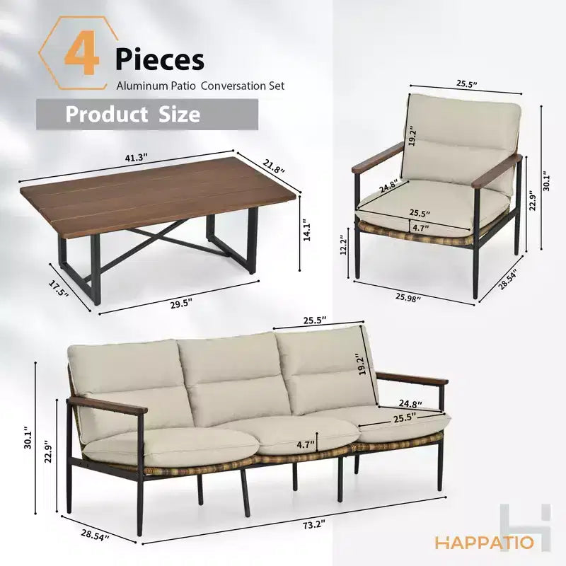 HAPPATIO Outdoor Furniture Set, Patio Aluminum Conversation Set with Wicker Seat and Acacia Wood Armrest, Thick Olefin Cushion