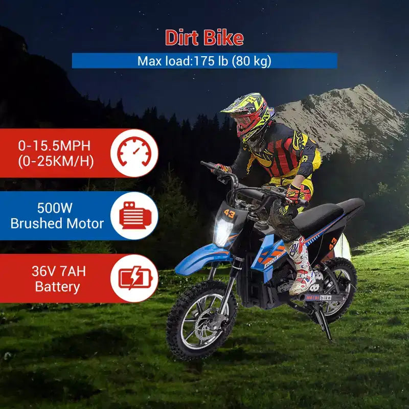 COZONY 36V Kids Electric Dirt Bike 15.5MPH Off-Road Ride-On, 350W Motor, 175 lb Max, Disc Brake, Headlight