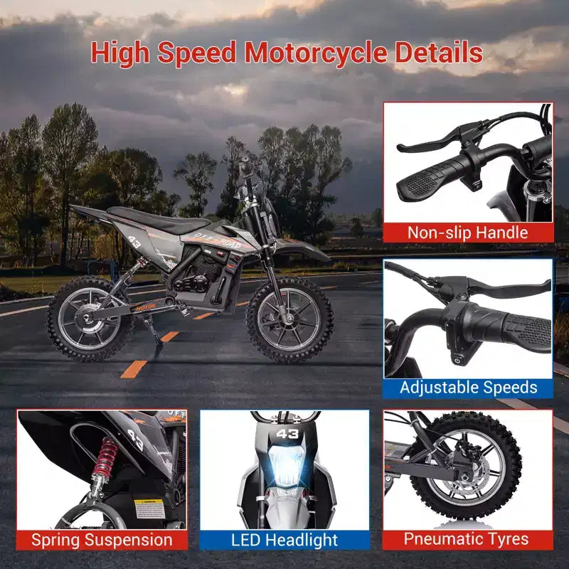 COZONY 36V Kids Electric Dirt Bike 15.5MPH Off-Road Ride-On, 350W Motor, 175 lb Max, Disc Brake, Headlight