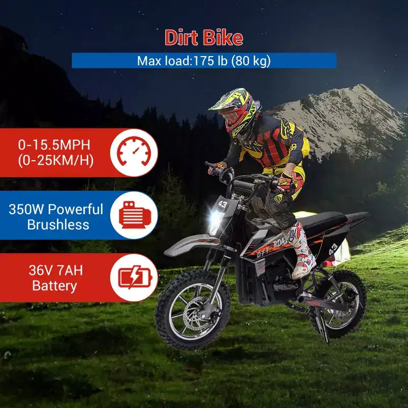 COZONY 36V Kids Electric Dirt Bike 15.5MPH Off-Road Ride-On, 350W Motor, 175 lb Max, Disc Brake, Headlight