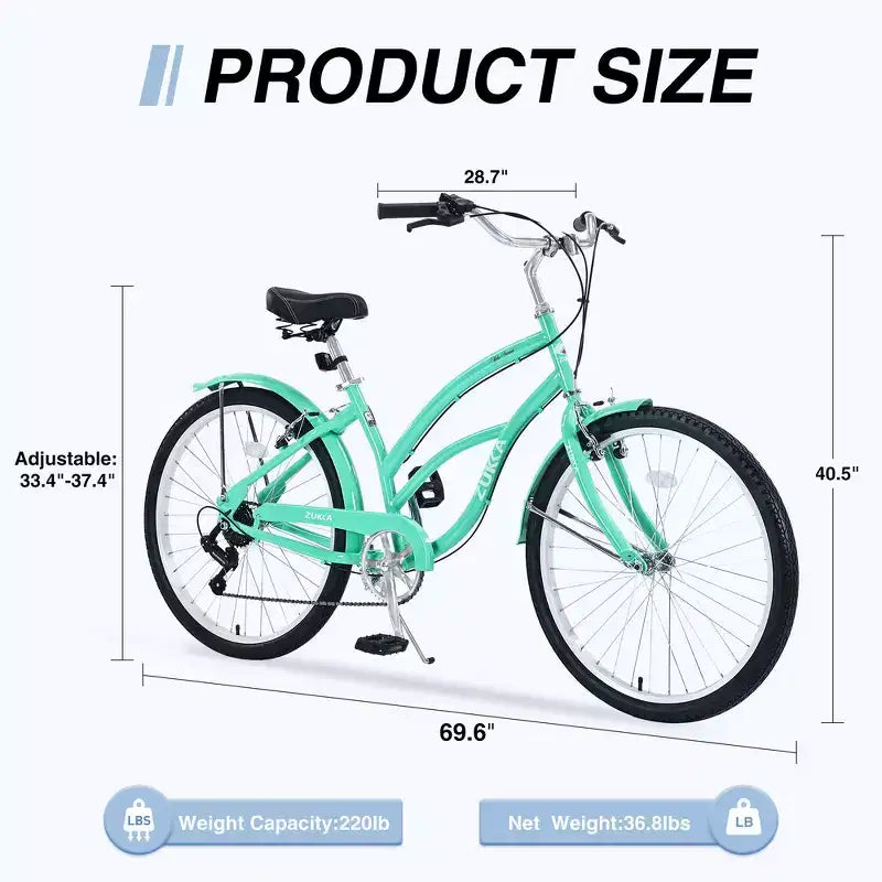 Whisen 26 Adult Women Outdoor Bikes, Beach Cruiser Bike with Steel Frame Low Swooping Frame, 7-Speed Gear