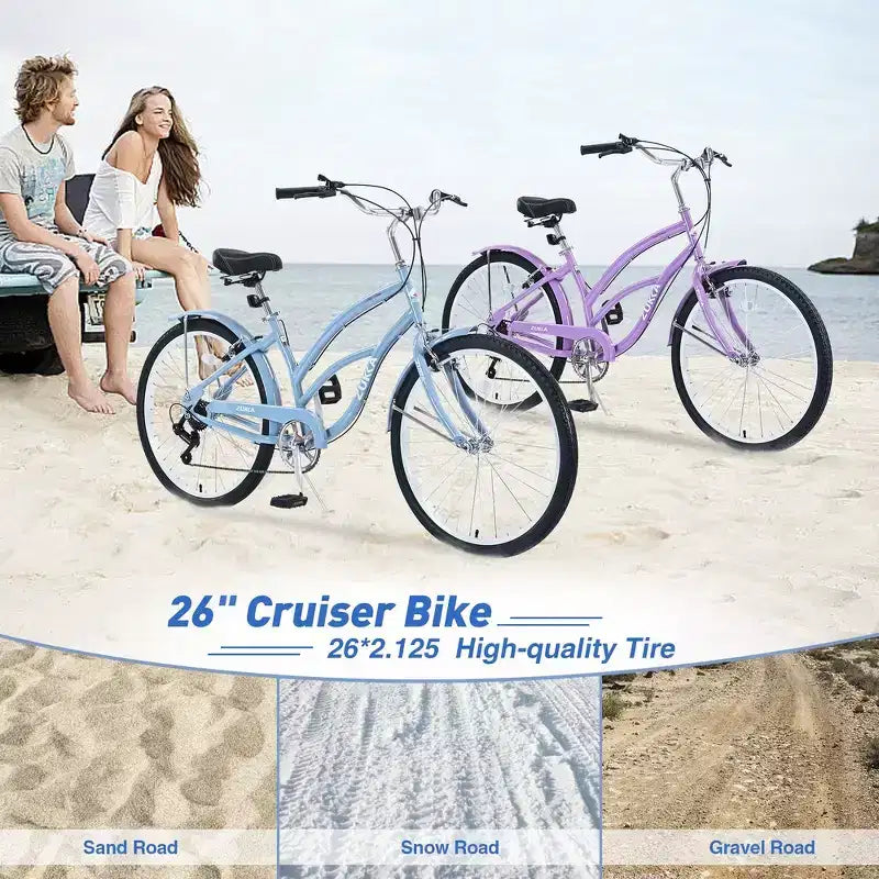 Whisen 26 Adult Women Outdoor Bikes, Beach Cruiser Bike with Steel Frame Low Swooping Frame, 7-Speed Gear