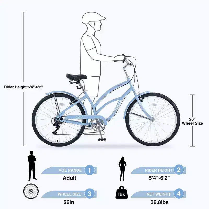 Whisen 26 Adult Women Outdoor Bikes, Beach Cruiser Bike with Steel Frame Low Swooping Frame, 7-Speed Gear