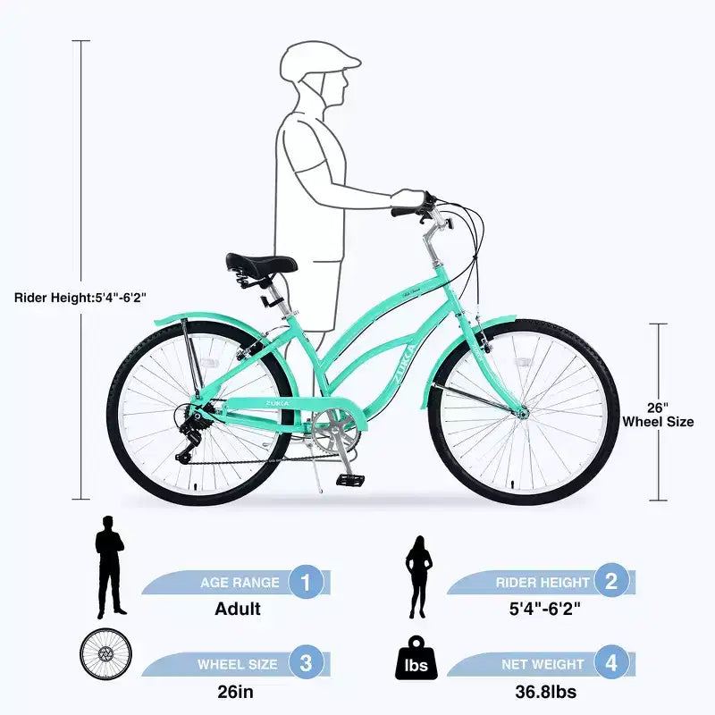 Whisen 26 Adult Women Outdoor Bikes, Beach Cruiser Bike with Steel Frame Low Swooping Frame, 7-Speed Gear