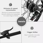 Whisen 27 Inch Mountain Bike 21 Speed, Suspension Fork, Aluminum Frame Disc Brake - Gray