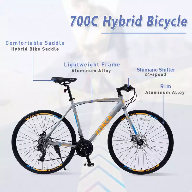 Whisen 28 Adult Hybrid Bike, Road Bike with 24-Speed Gear, Disc Brakes