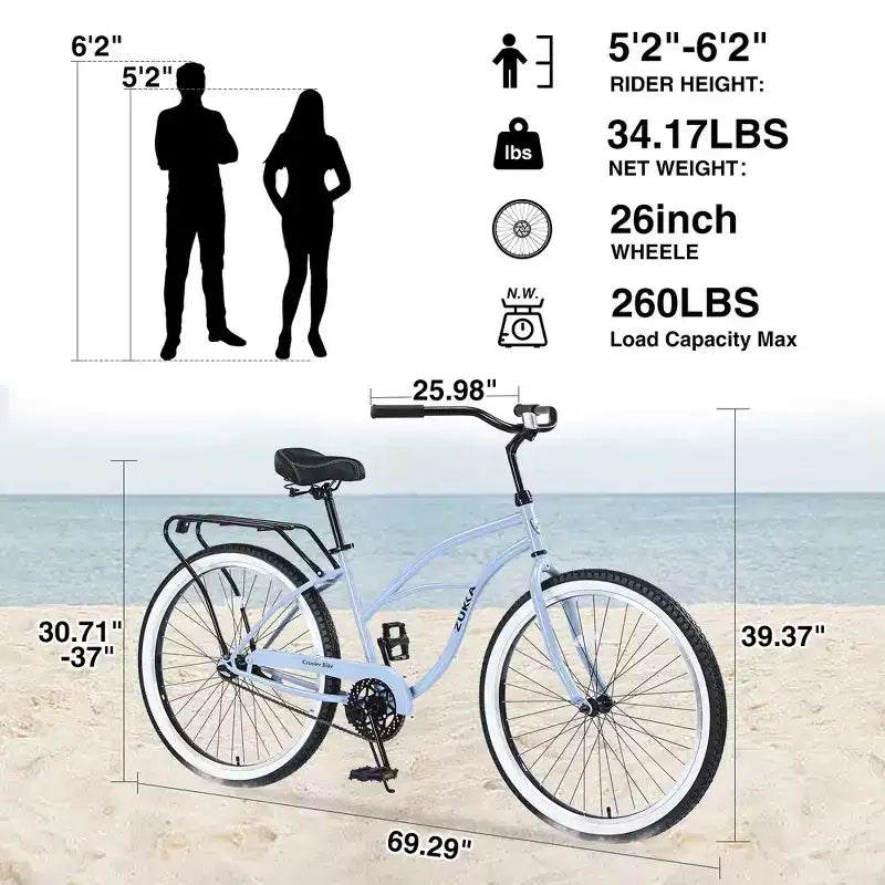 Whisen 26 Men's Beach Cruiser Bike, Single Speed Bicycles with Steel Frame, Wide Wheels for Stability