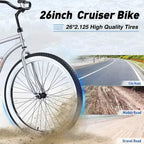Whisen 26 Men's Beach Cruiser Bike, Single Speed Bicycles with Steel Frame, Wide Wheels for Stability
