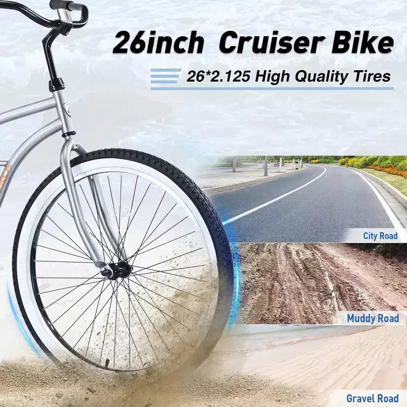 Whisen 26 Men's Beach Cruiser Bike, Single Speed Bicycles with Steel Frame, Wide Wheels for Stability