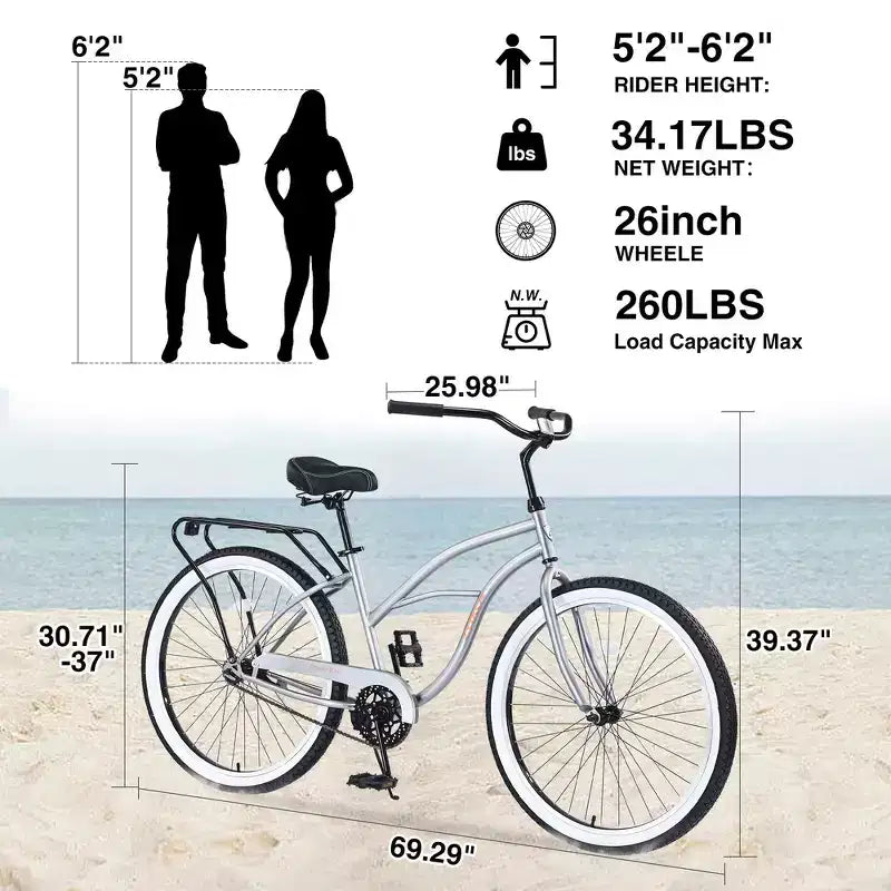 Whisen 26 Men's Beach Cruiser Bike, Single Speed Bicycles with Steel Frame, Wide Wheels for Stability