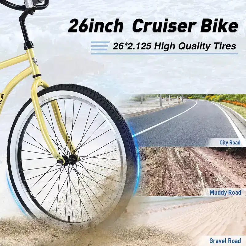 Whisen 26 Men's Beach Cruiser Bike, Single Speed Bicycles with Steel Frame, Wide Wheels for Stability