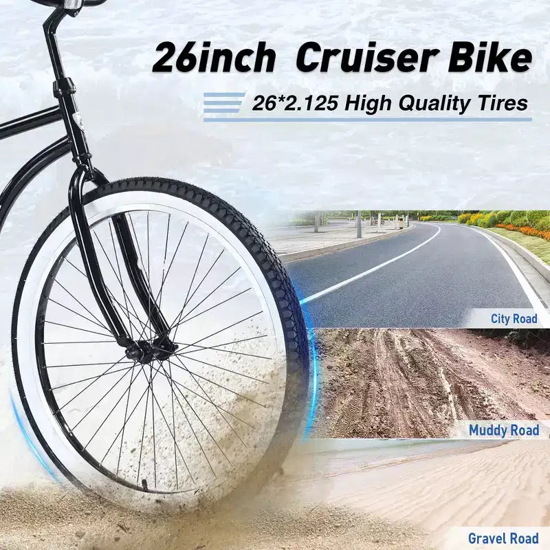 Whisen 26 Men's Beach Cruiser Bike, Single Speed Bicycles with Steel Frame, Wide Wheels for Stability