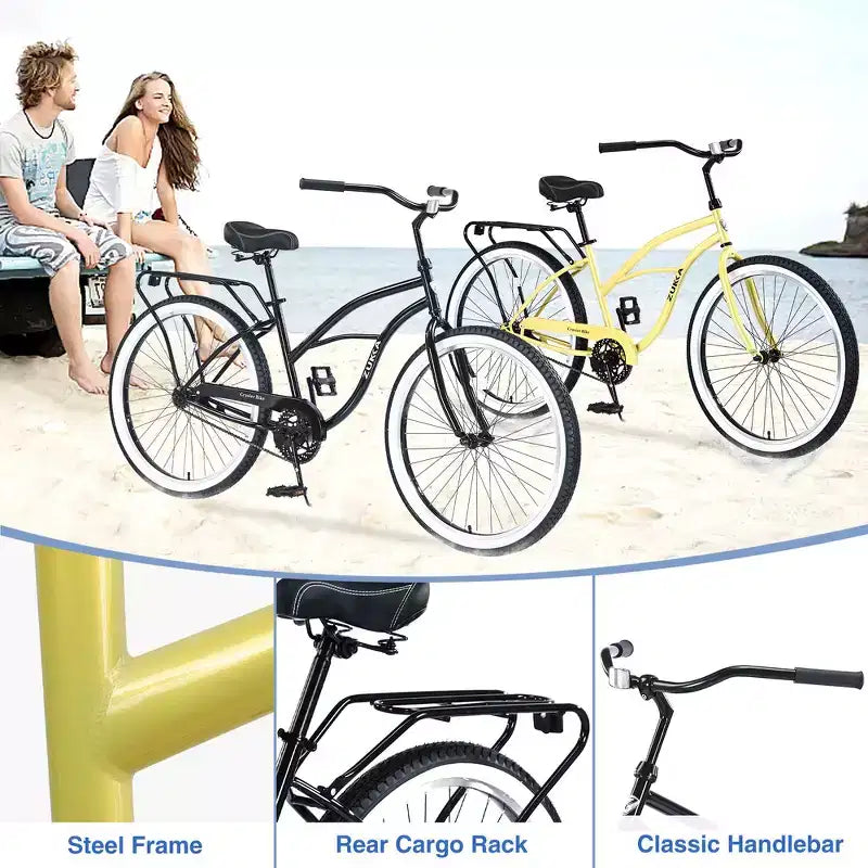 Whisen 26 Men's Beach Cruiser Bike, Single Speed Bicycles with Steel Frame, Wide Wheels for Stability