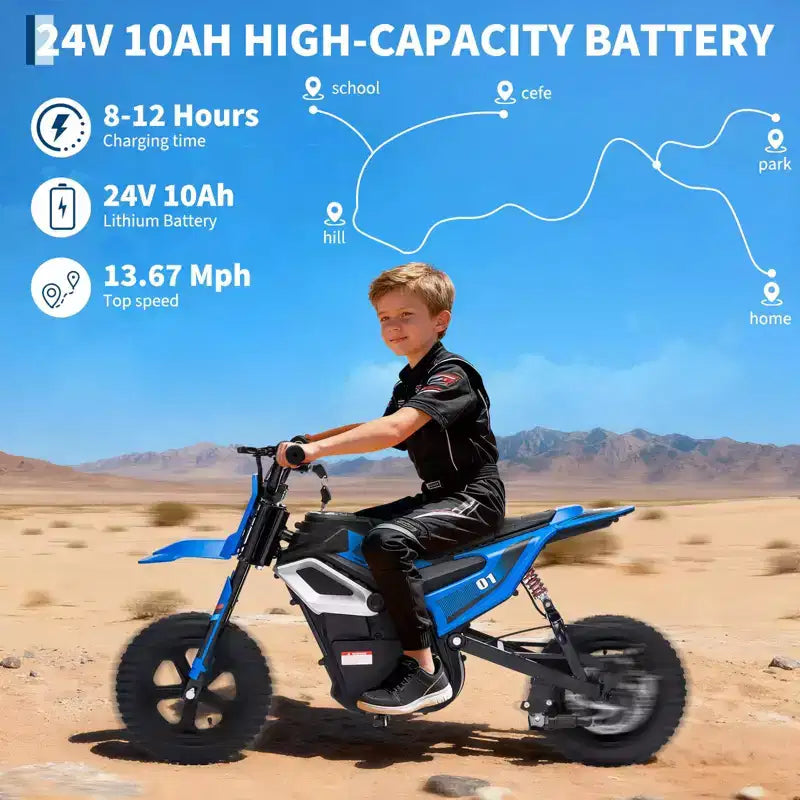 24V Electric Dirt Bike, 350w Kids Motorcycle, 13.67 Mph, Ride on Motorcycle with Rear Wheel Suspension, 12 Miles Range, Grip Throttle, Music