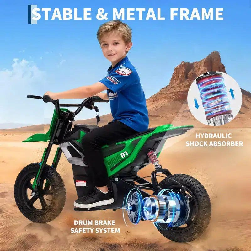 24V Electric Dirt Bike, 350w Kids Motorcycle, 13.67 Mph, Ride on Motorcycle with Rear Wheel Suspension, 12 Miles Range, Grip Throttle, Music