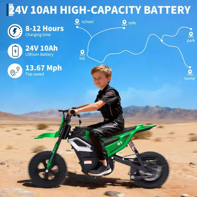 24V Electric Dirt Bike, 350w Kids Motorcycle, 13.67 Mph, Ride on Motorcycle with Rear Wheel Suspension, 12 Miles Range, Grip Throttle, Music